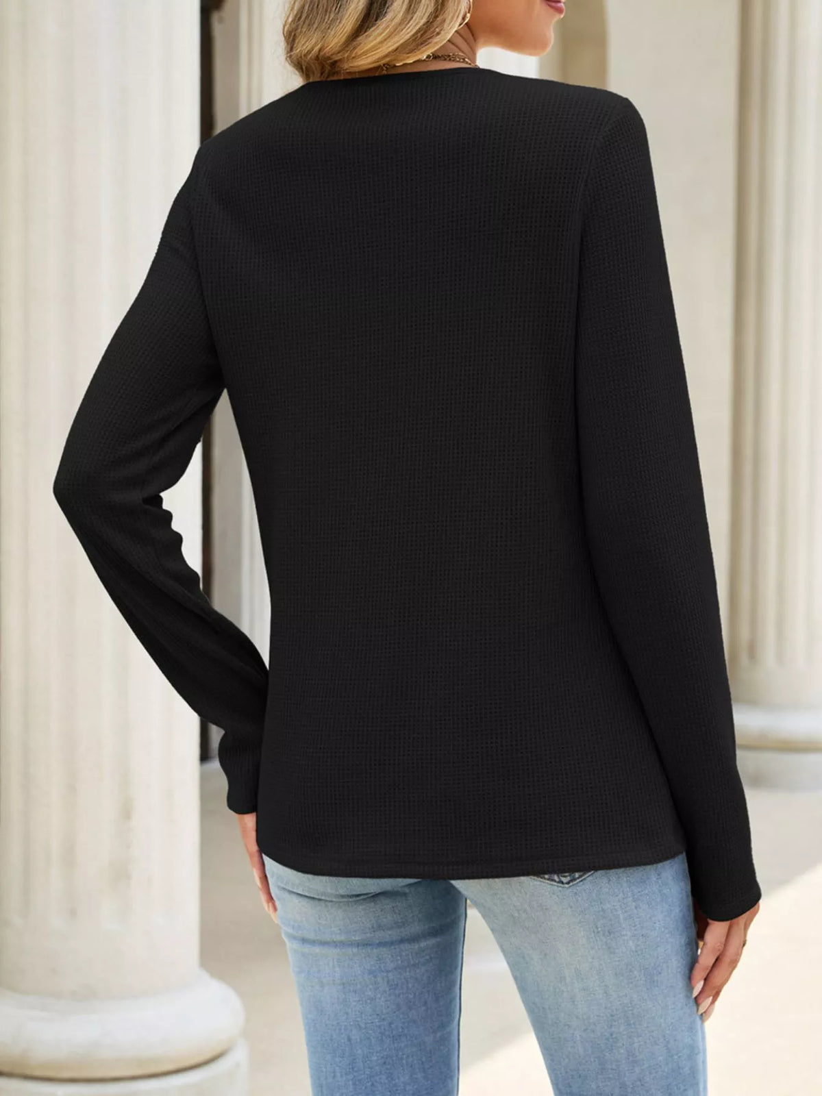 Women's Lace Panel Waffle Knit Long Sleeve T-Shirt