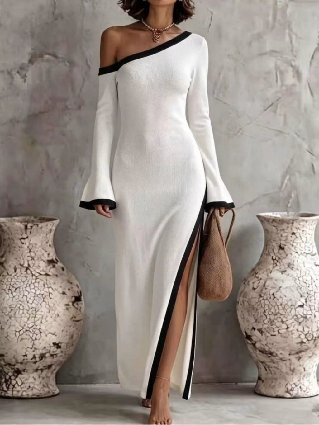 Women's Slit One-Shoulder Contrast Trim Maxi Dress - White