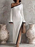 Women's Slit One-Shoulder Contrast Trim Maxi Dress - White