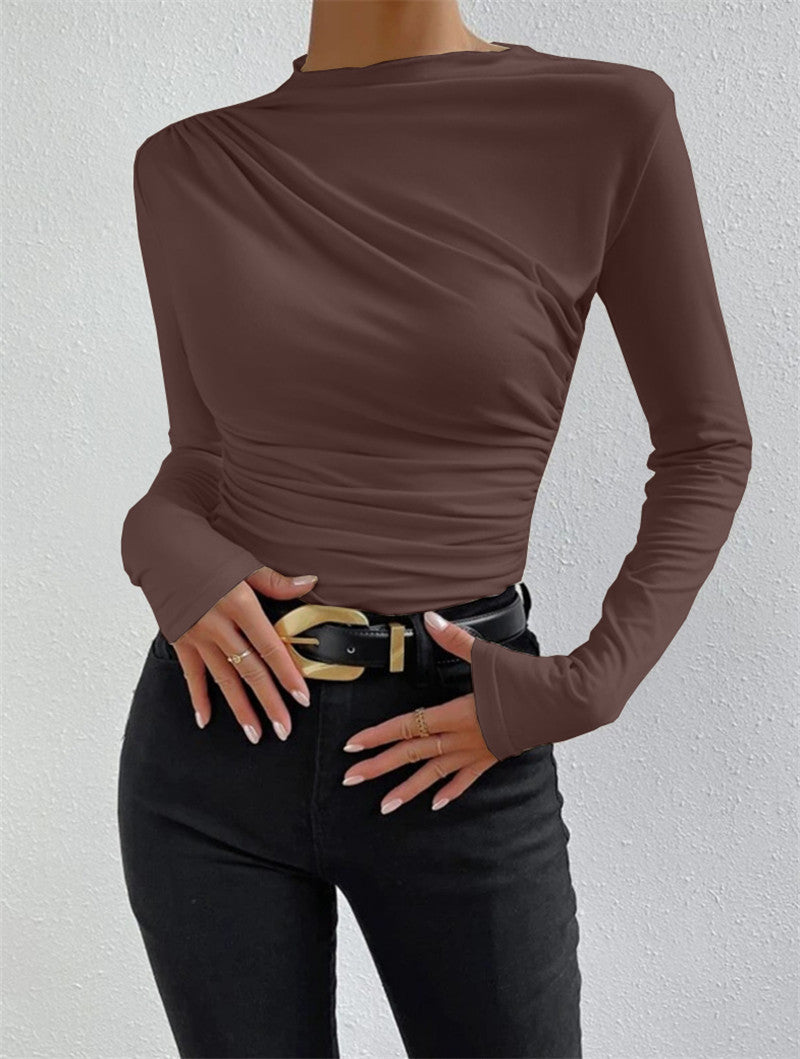 Women's Cross-border 2026 Europe And The United States Solid Color Slim Base Shirt Joker Pleated Design Sense Long Sleeve T-shirt Women's Top - Dark coffee