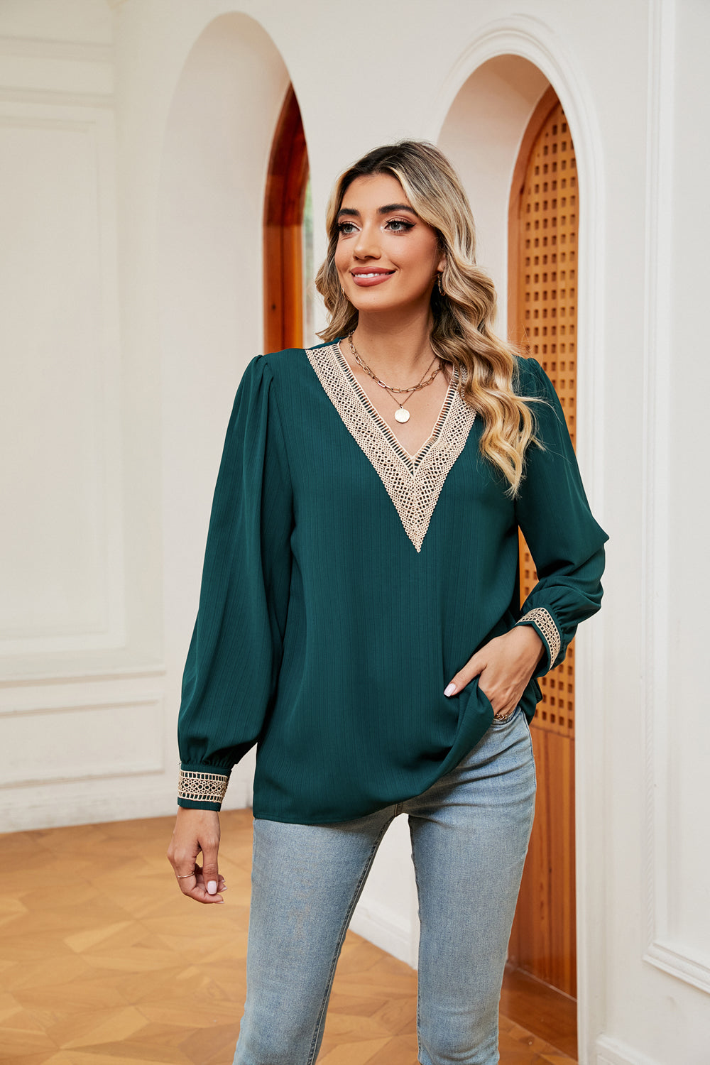 Women's Contrast Puff Sleeve Blouse - Green