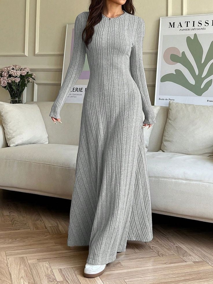 Autumn Winter Women's Fashion Round Neck Long-Sleeve Ribbed Knit Elegant Dress Slim Fit Long Dress