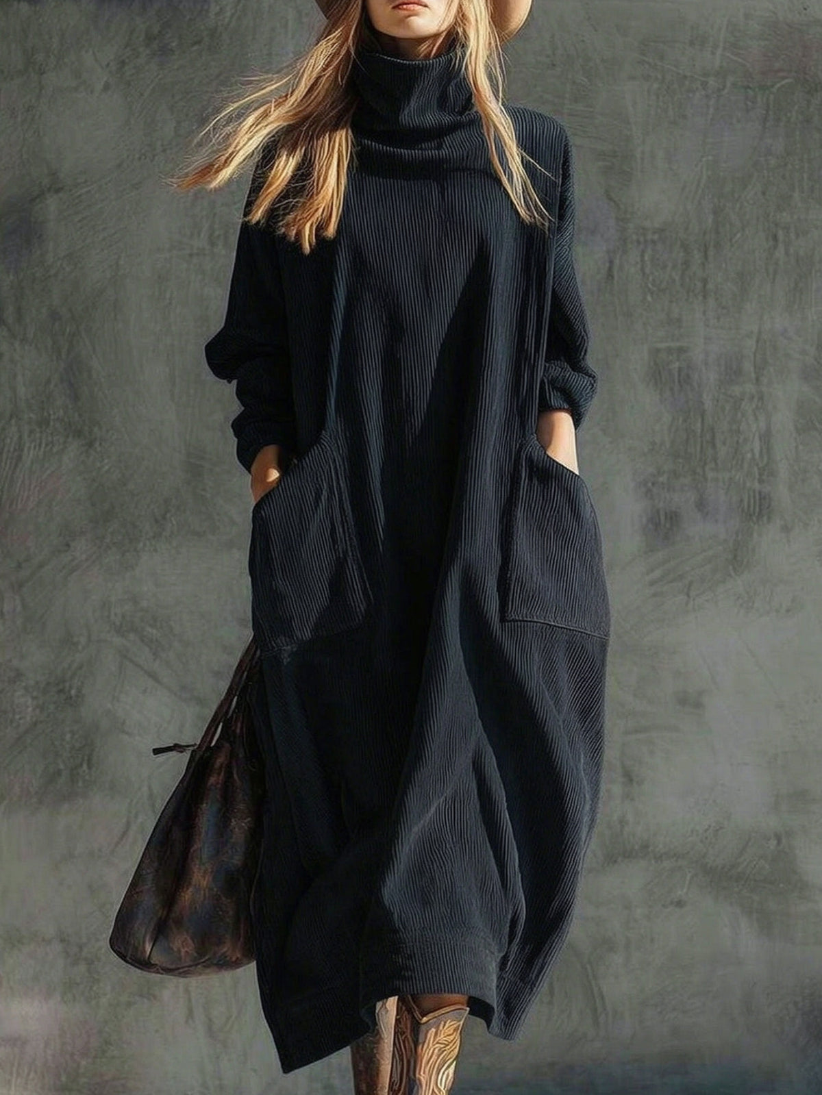 Corduroy Slimming Long Dress With Two Pockets For Women