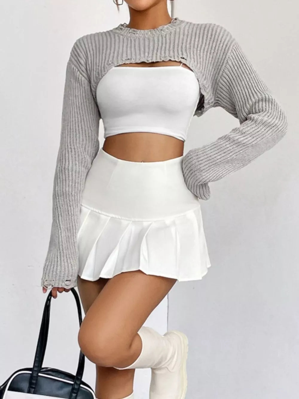 Women's Distressed Long Sleeve Cropped Sweater