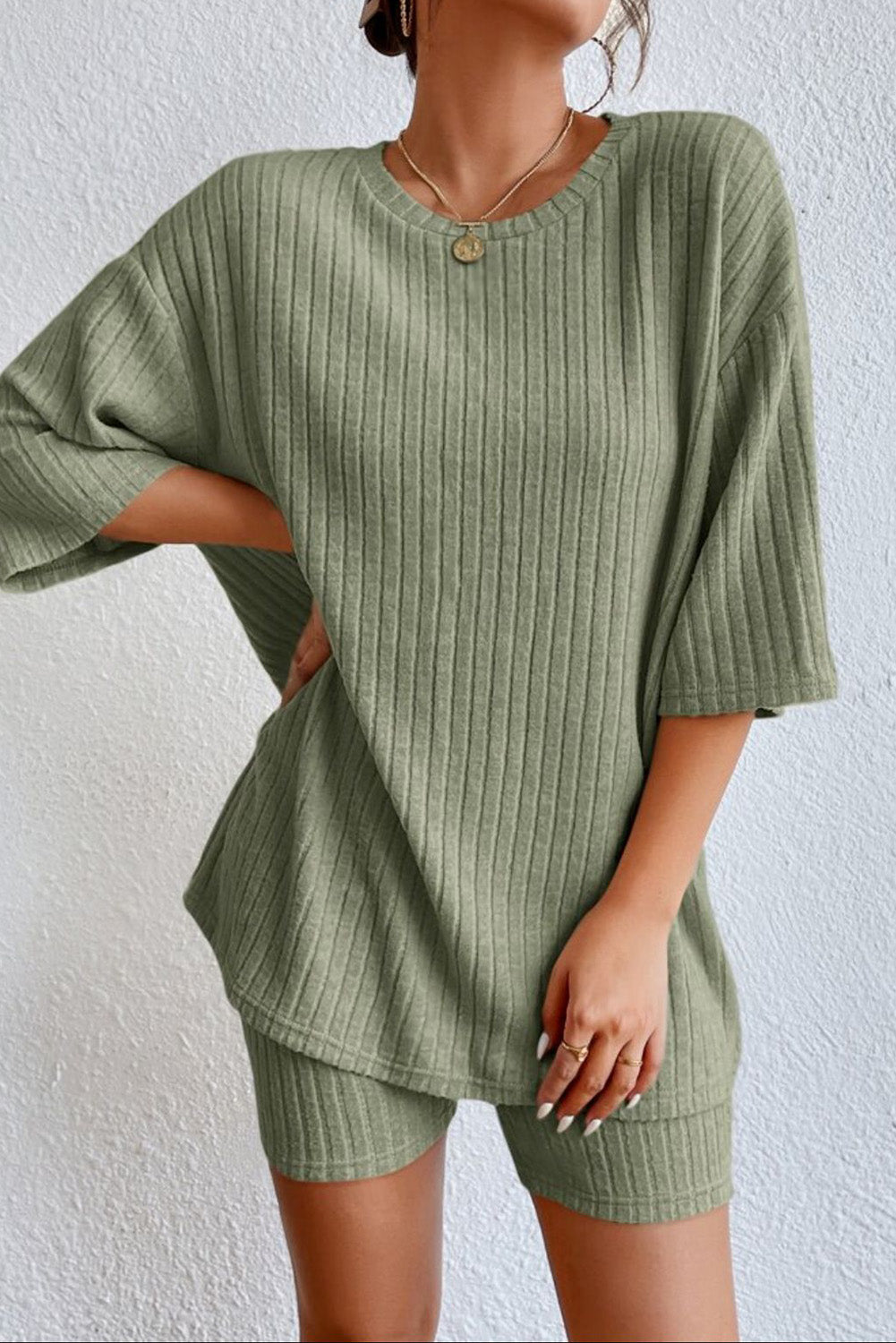 Women's Round Neck Ribbed Top and Shorts Lounge Set