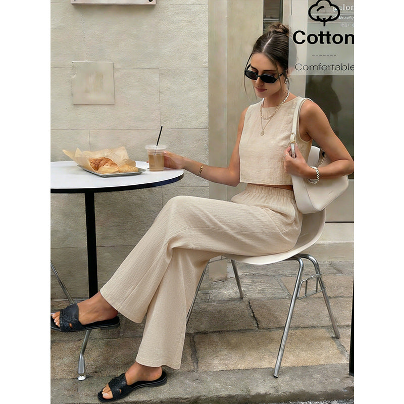 Womens Crew-Neck Vest And Straight-Leg Pants Set
