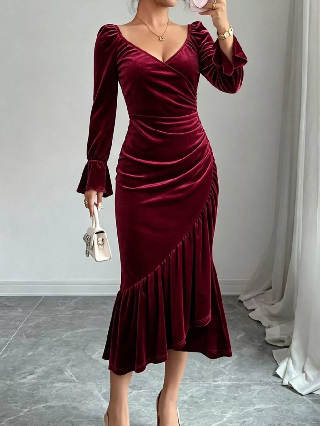 Women's Burgundy Velvet Ruched Ruffle Hem Midi Dress - Burgundy