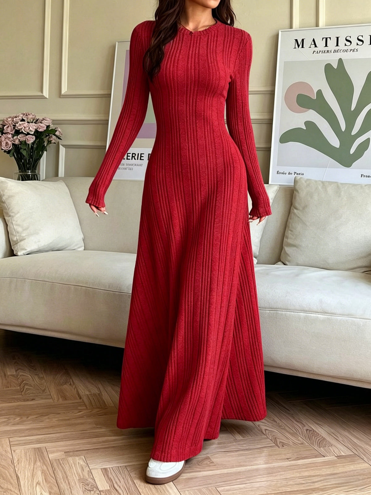 Autumn Winter Women's Fashion Round Neck Long-Sleeve Ribbed Knit Elegant Dress Slim Fit Long Dress