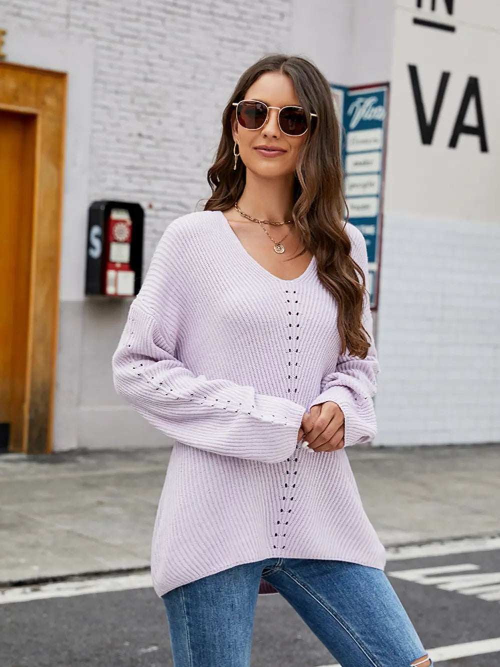 Women's Openwork Dropped Shoulder Long Sleeve Sweater