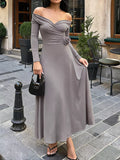 Women's Gray Surplice Long Sleeve Midi Dress - Gray