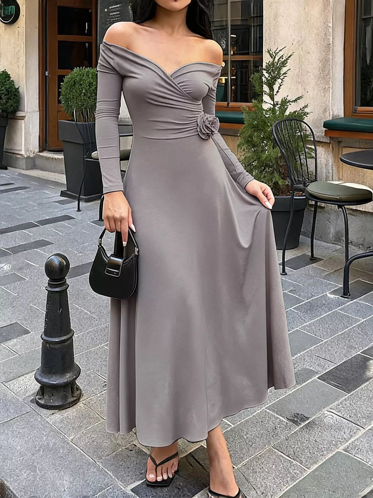 Women's Gray Surplice Long Sleeve Midi Dress - Gray