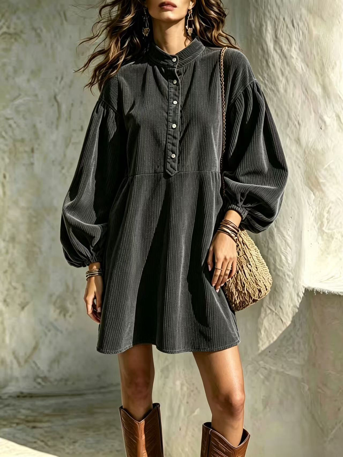 Hot Sale Fall Winter New Women's Fashion Vintage Corduroy Dress With Stand Collar And Lantern Sleeves