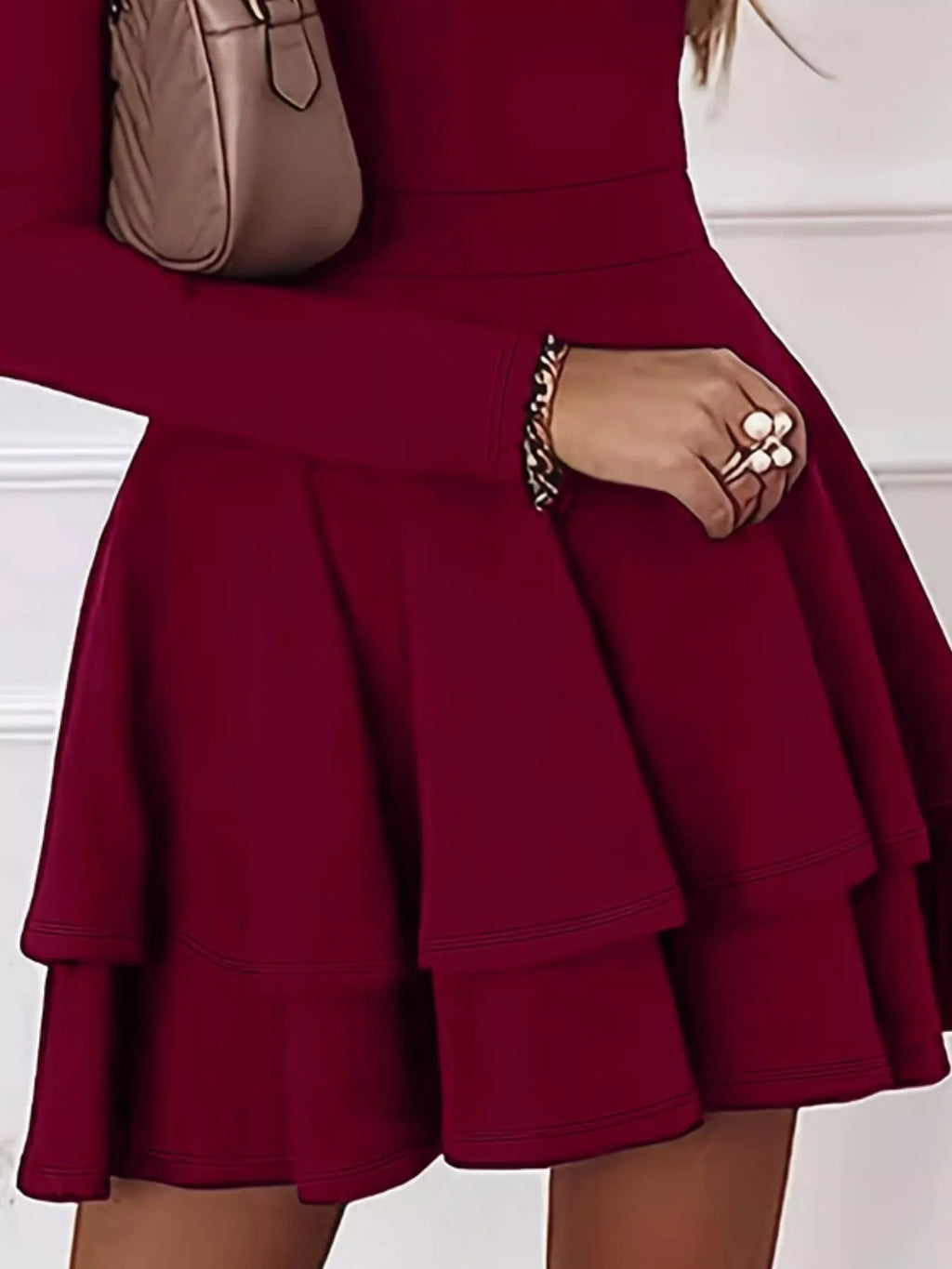 Women's V-Neck Long Sleeve Layered Ruffle Mini Dress