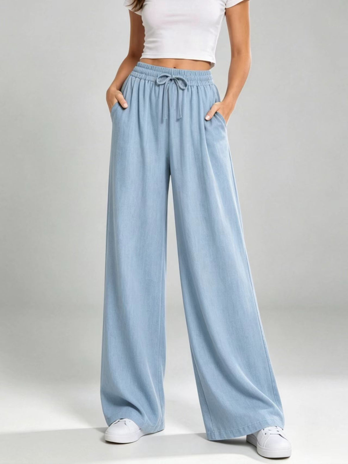 Women's New European And American Style Drawstring Elastic Waist Loose Casual Solid Color Drapey Straight Wide-leg Long Pants For Women