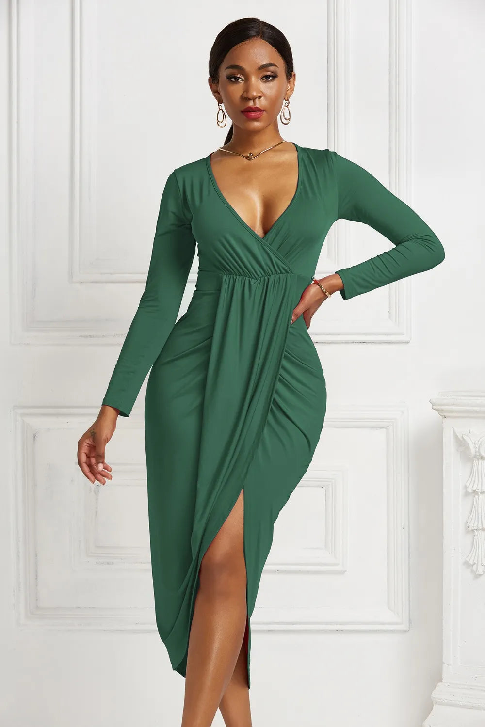 Women's High-low Ruched Surplice Long Sleeve Dress