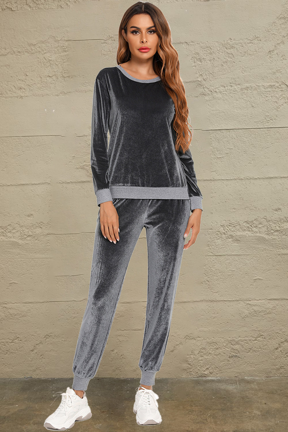 Women's Round Neck Long Sleeve Loungewear Set with Pockets - Charcoal