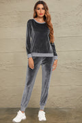 Women's Round Neck Long Sleeve Loungewear Set with Pockets - Charcoal
