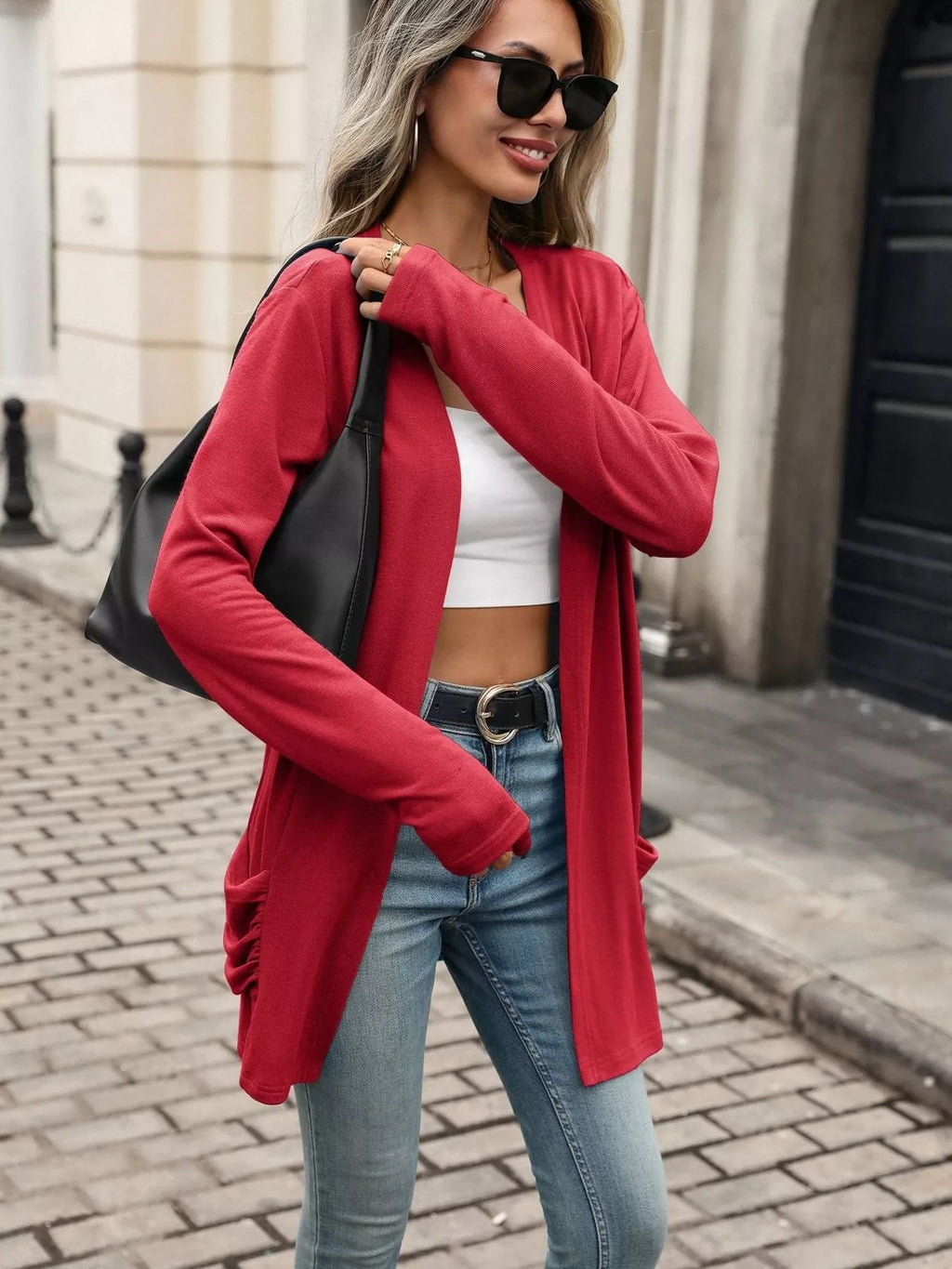 Women's Ruched Pocket Open Front Cardigan
