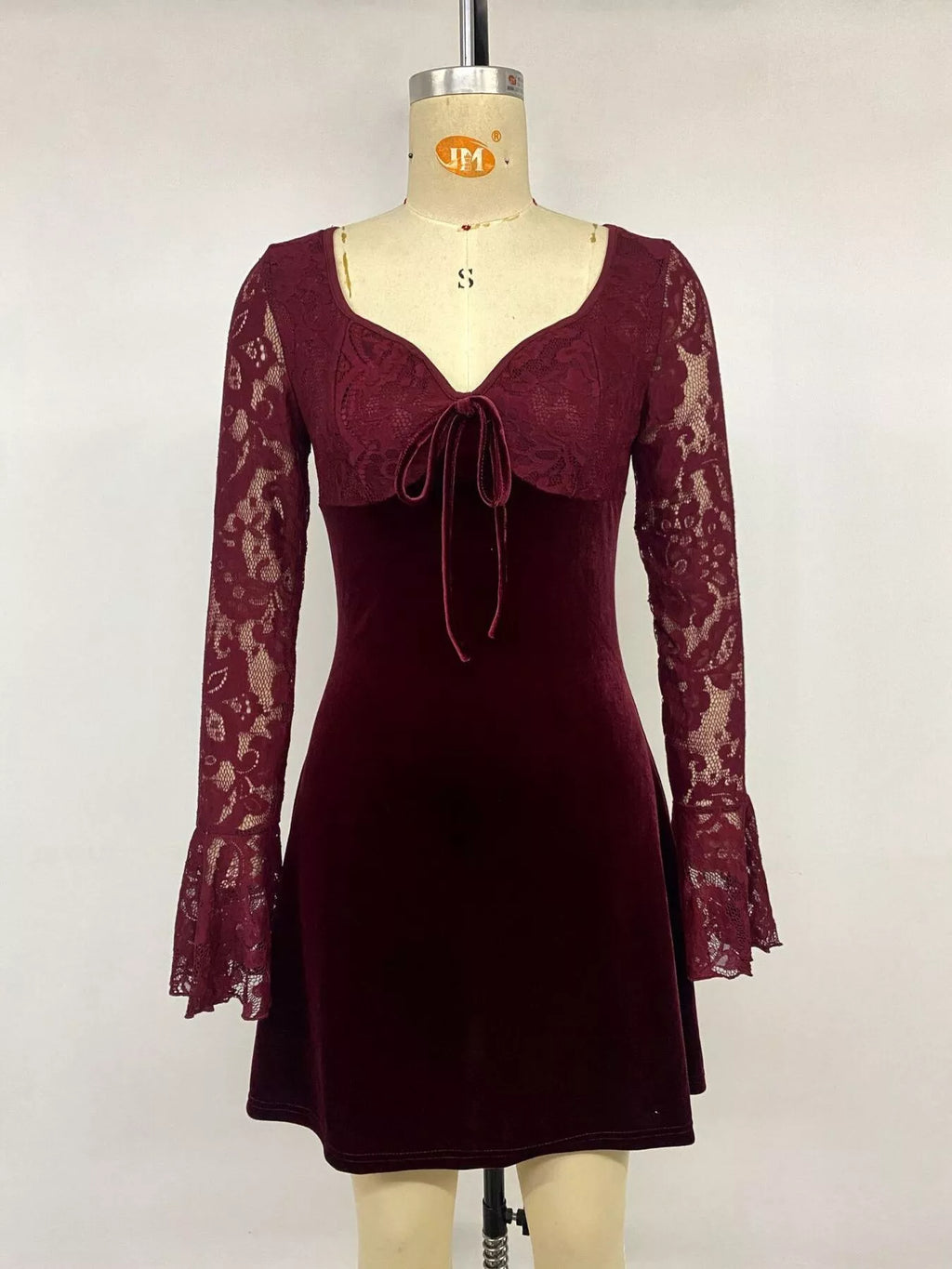 Women's Burgundy Lace Flare Sleeve Mini Dress - Burgundy