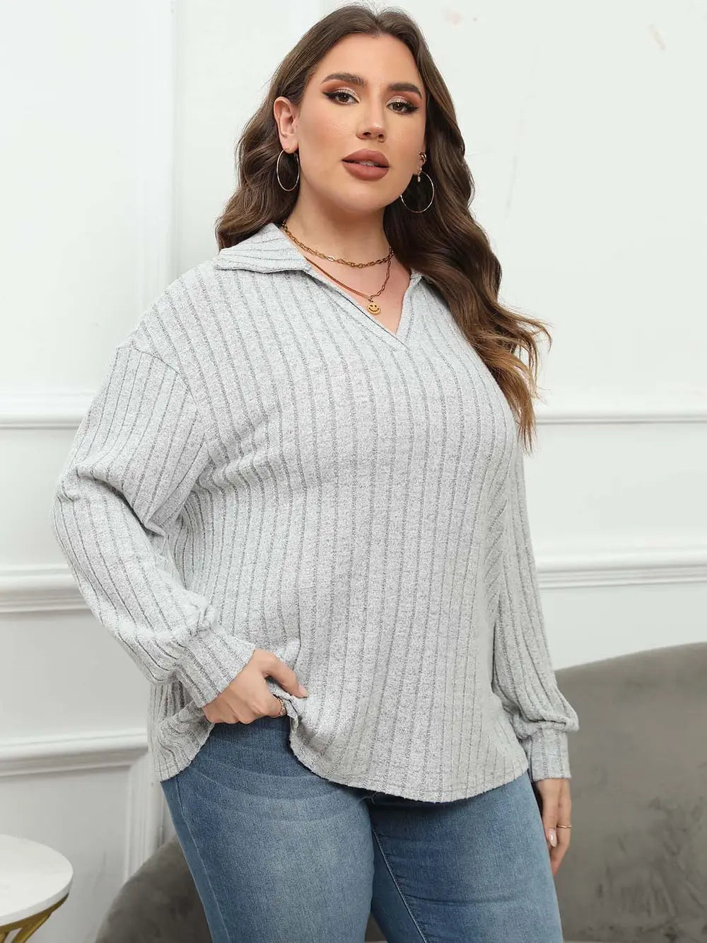 Women's Ribbed Collared Neck Long Sleeve Blouse, Plus Size - Cloudy Blue