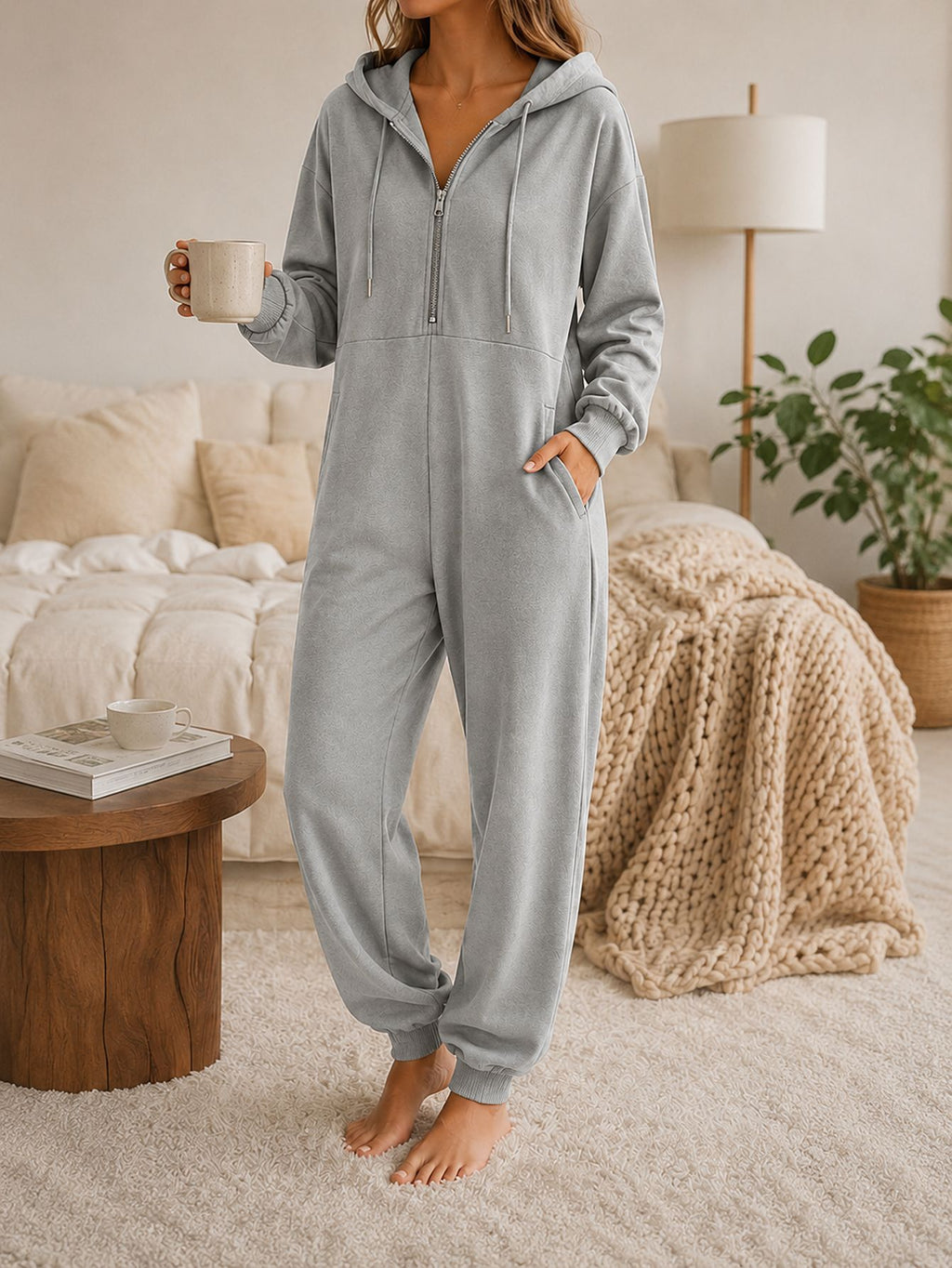Women Hooded Jumpsuit Loungewear, Half Zip Drawstring Long Sleeve Jogger One Piece Pajama Jumpsuit With Pockets