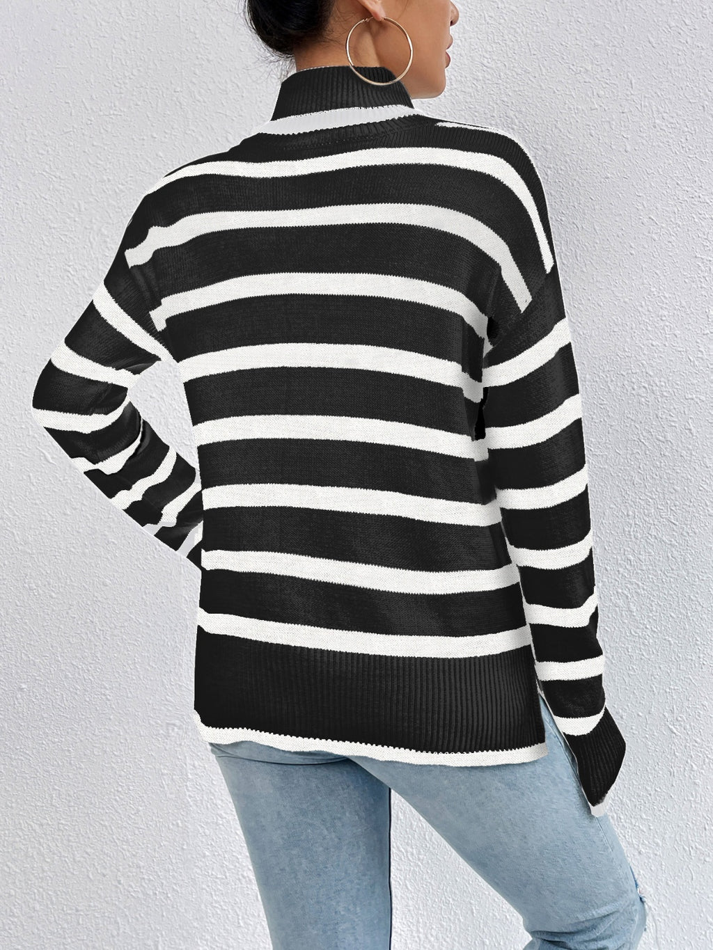 Women's Striped Turtleneck Drop Shoulder Sweater