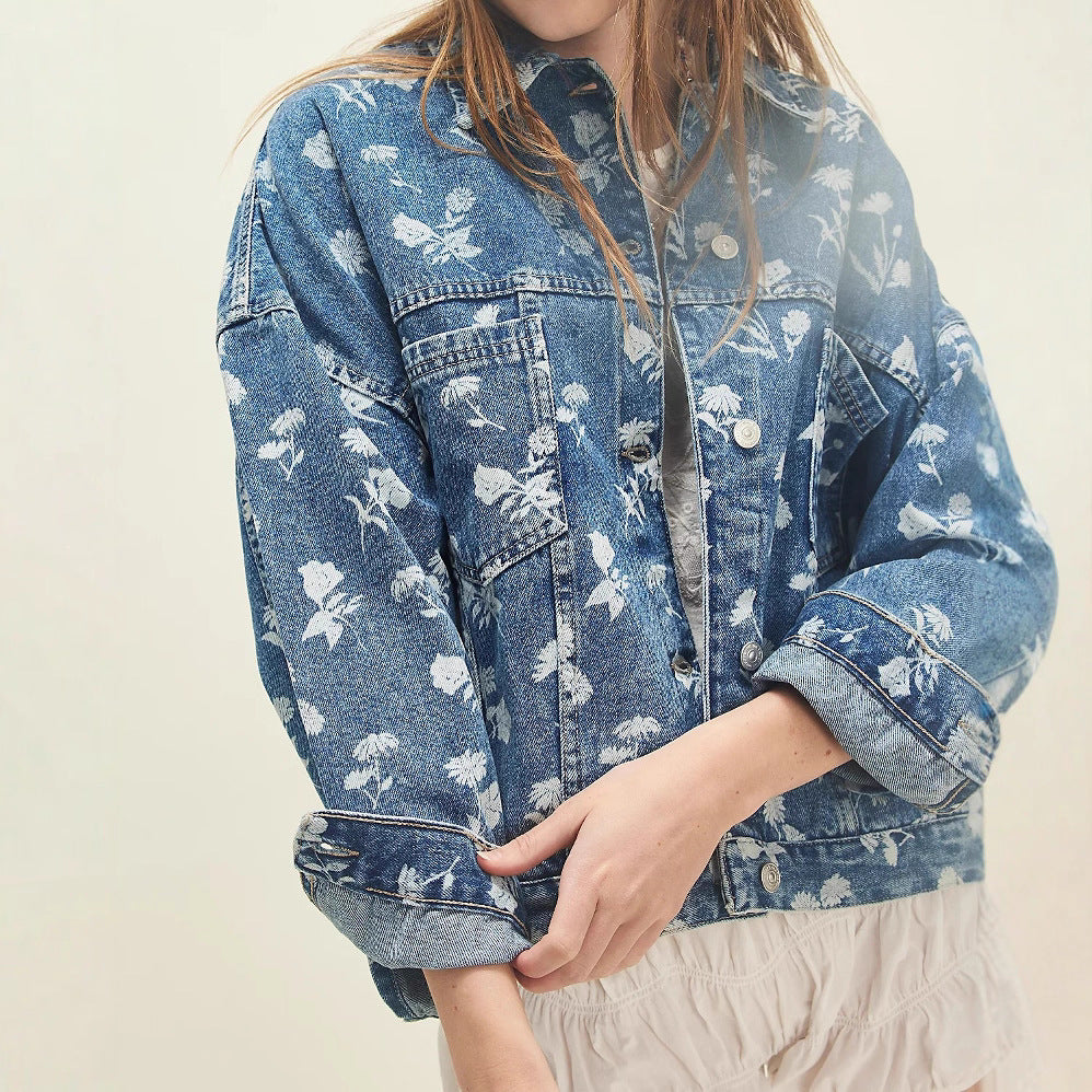 Women's Dark blue Floral Print Oversized Denim Jacket - Dark blue