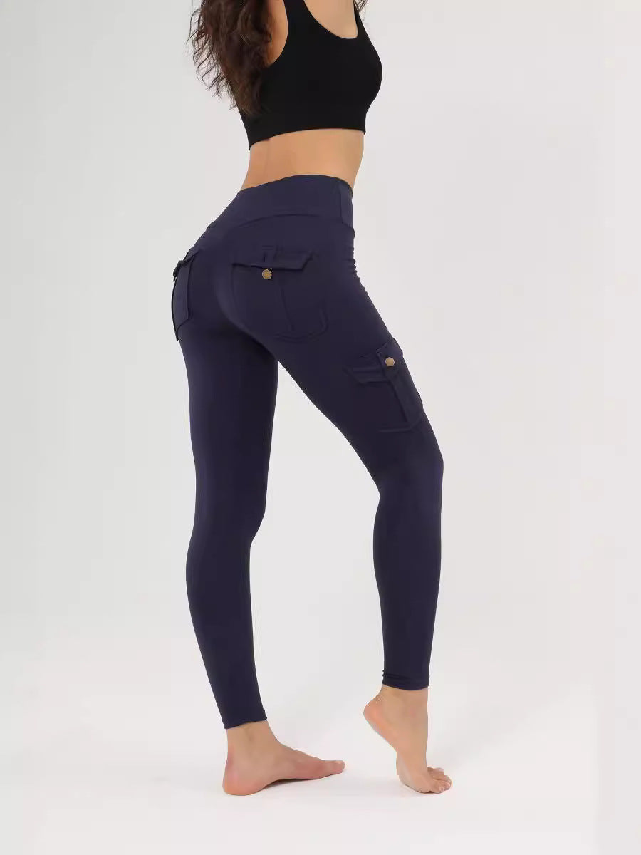 Women's Amazon Wish Cross-border Breathable Hip Lifting Button Pocket Sports Brushed Nude Yoga Slimming Tight Leggings