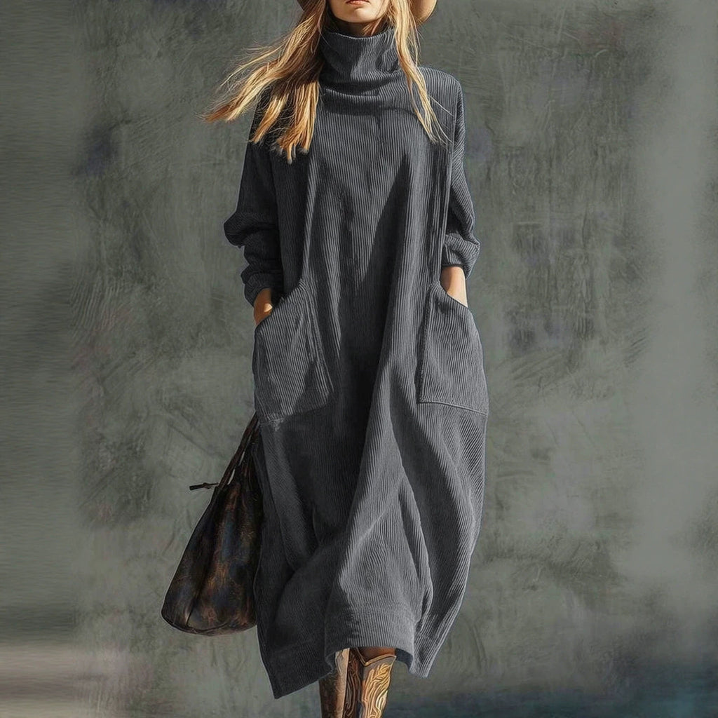 Corduroy Slimming Long Dress With Two Pockets For Women