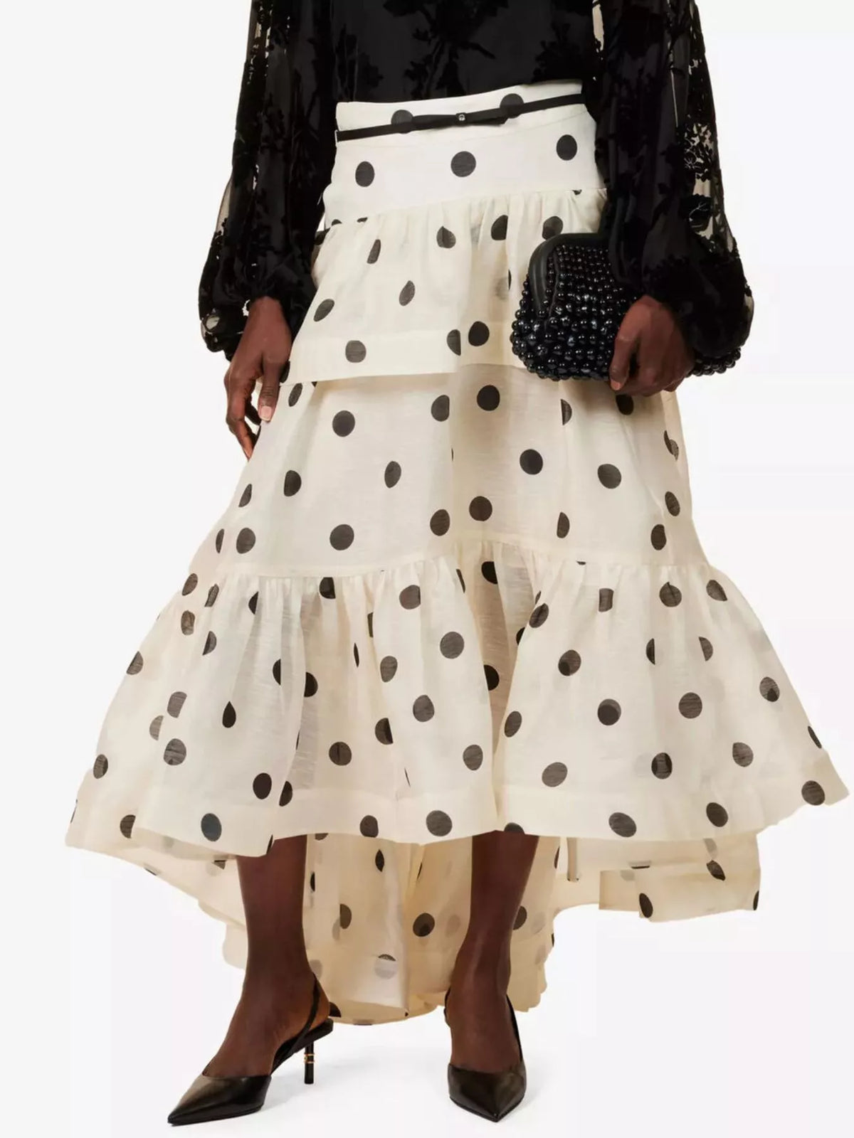 Women's Beige Polka Dot Tiered Ruffle Skirt - Beige