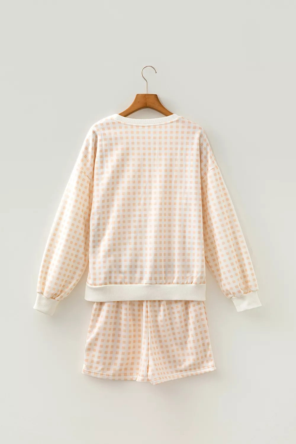 Women's Pastel Yellow Gingham Long Sleeve Sweatshirt and Shorts Set - Pastel Yellow