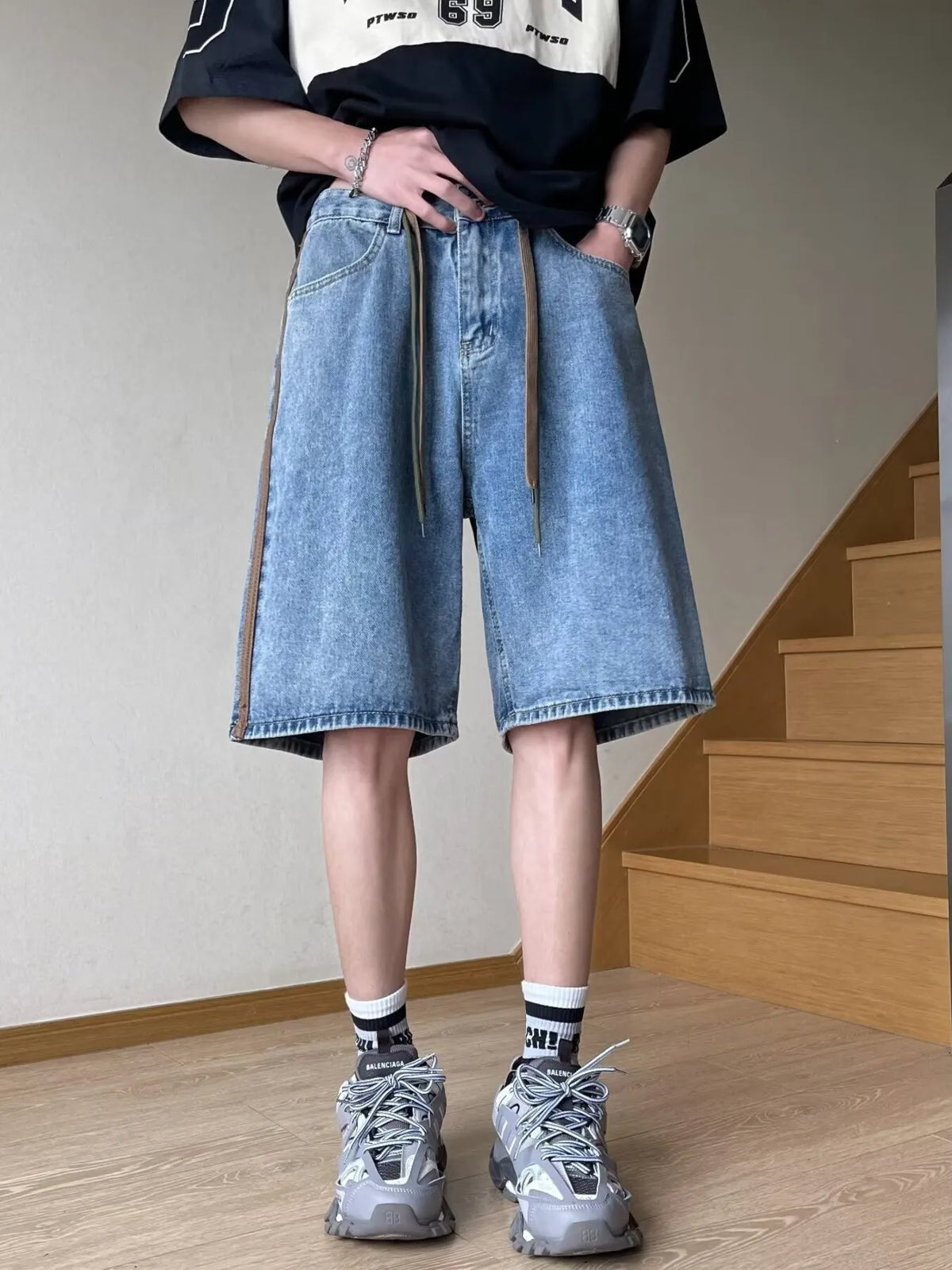 Men's Full Size Drawstring Wide-Leg Denim Shorts Plus Size