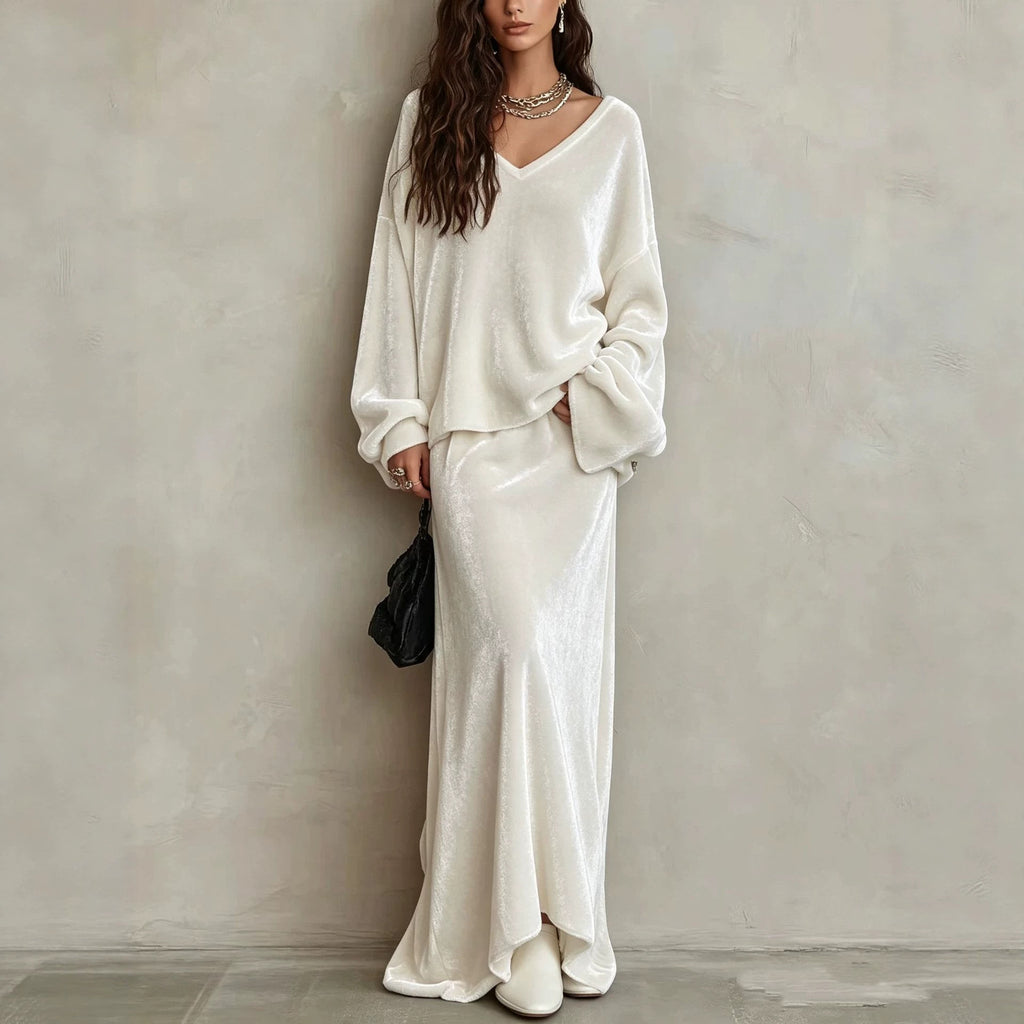 Velvet Loose-fit V-neck Long-sleeve Womens Set