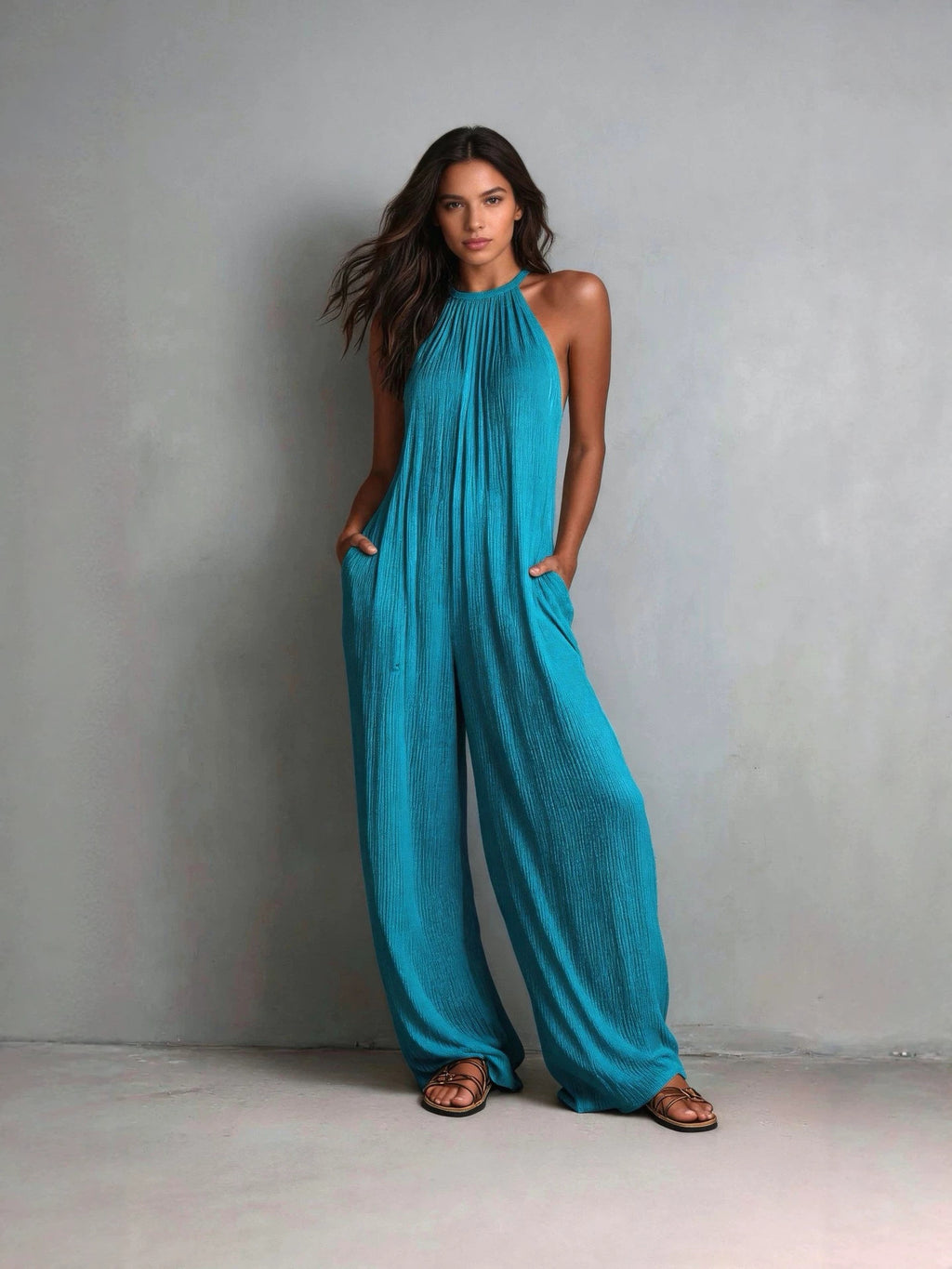 Women's Cross-Border Foreign Trade Women's Clothing European And American Style Halter Neck Sleeveless Vacation Style White Pleated Backless Wide-Leg Jumpsuit
