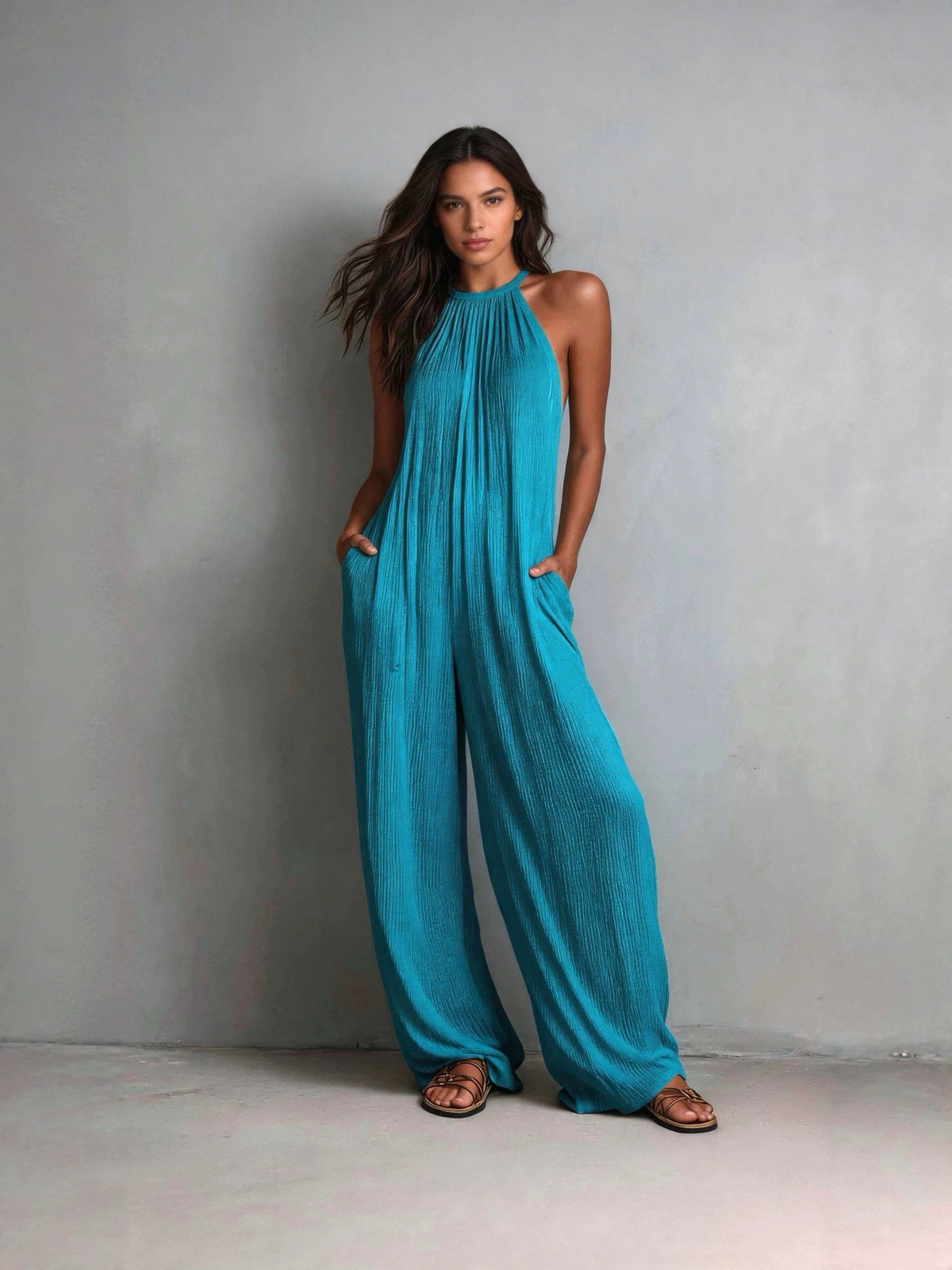 Women's Cross-Border Foreign Trade Women's Clothing European And American Style Halter Neck Sleeveless Vacation Style White Pleated Backless Wide-Leg Jumpsuit