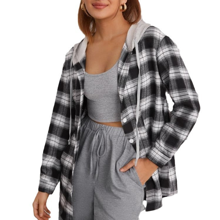 Single-breasted Round-neck Long-sleeve Cotton Plaid Hooded Cardigan