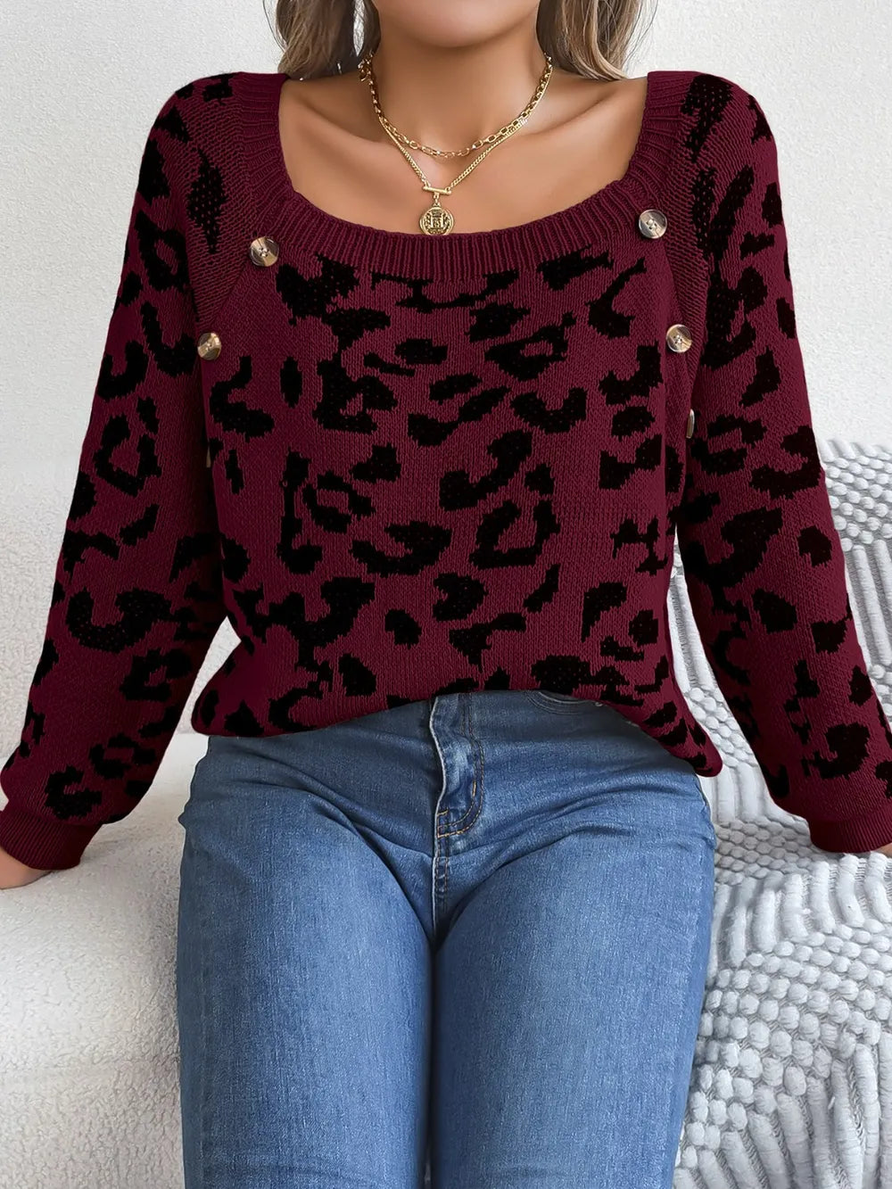 Women's Leopard Buttoned Square Neck Sweater