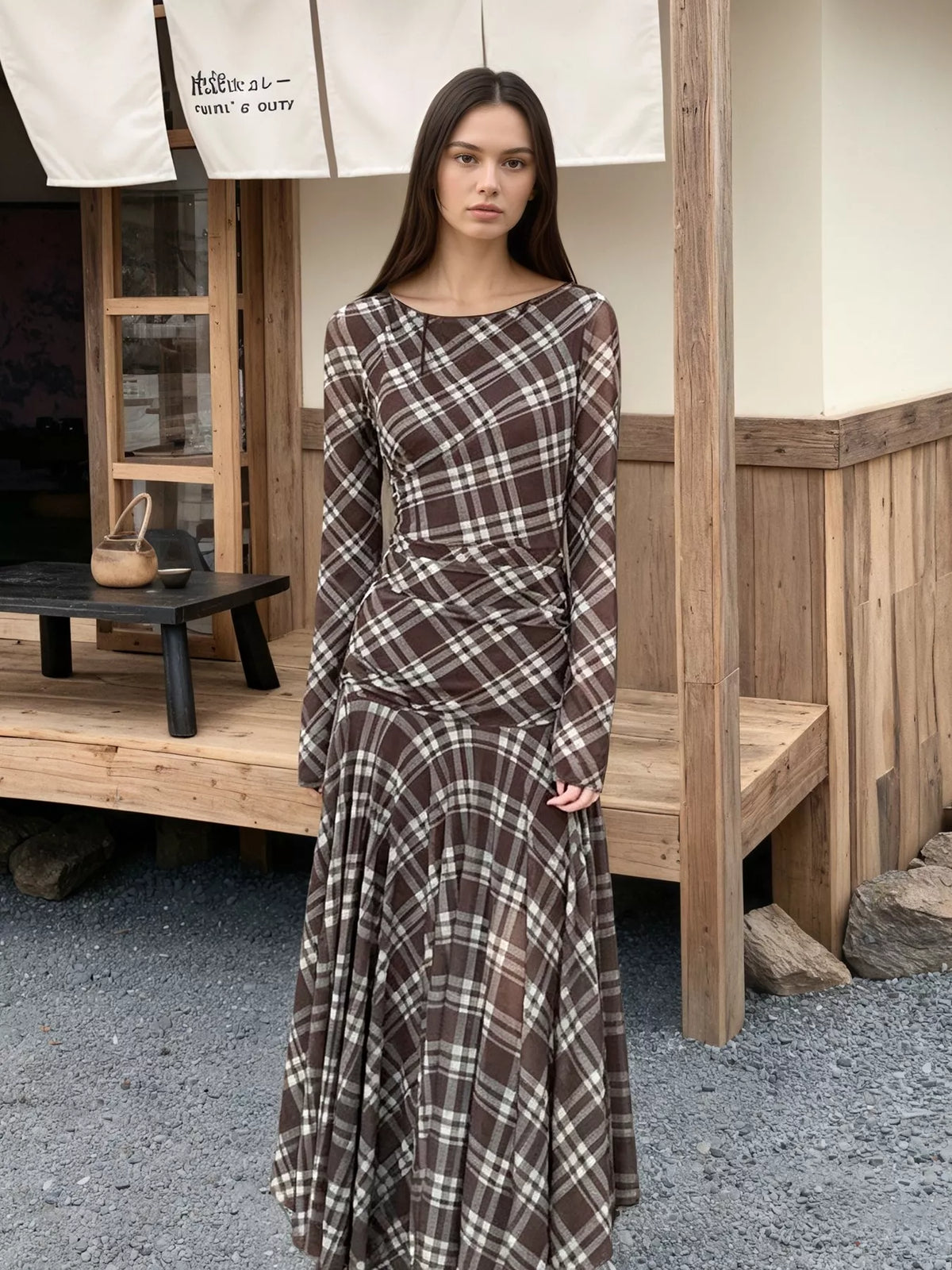 Women's Brown Plaid Long-Sleeve Slim-Fit Maxi Dress - Brown