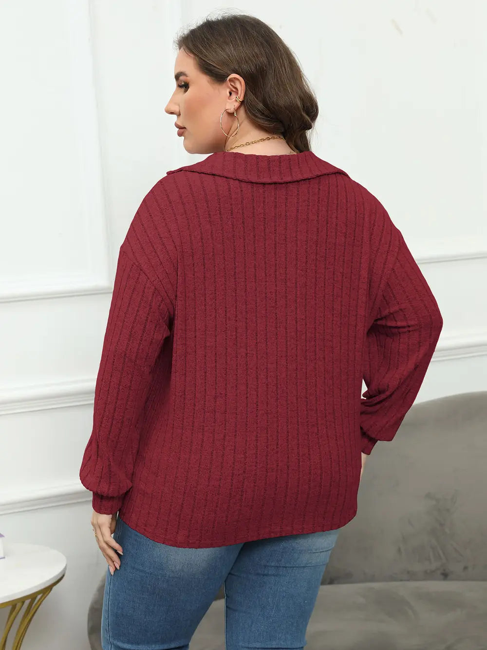 Women's Ribbed Collared Neck Long Sleeve Blouse, Plus Size