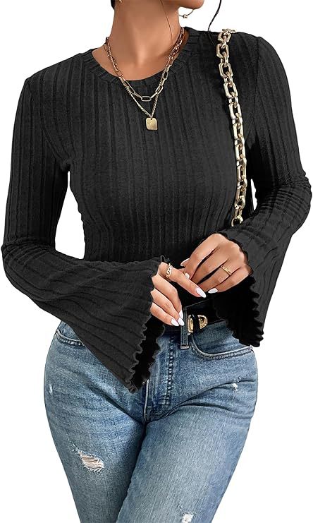 Ribbed, Brushed Crew-neck Long-sleeve Womens T-shirt