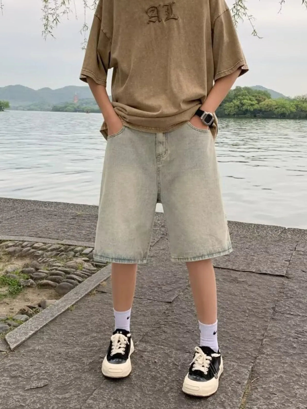 Men's Plus Size Relaxed Fit Wash Denim Shorts in Yellow Mud Color