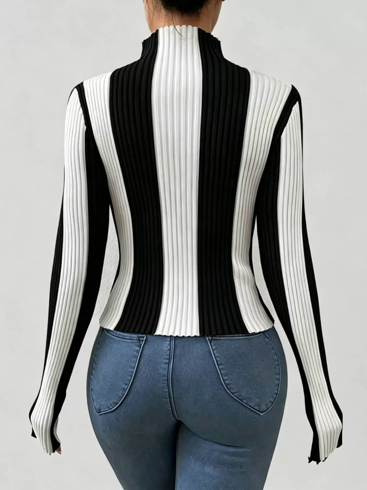 Women's Color Block Turtleneck Ribbed Knit Top