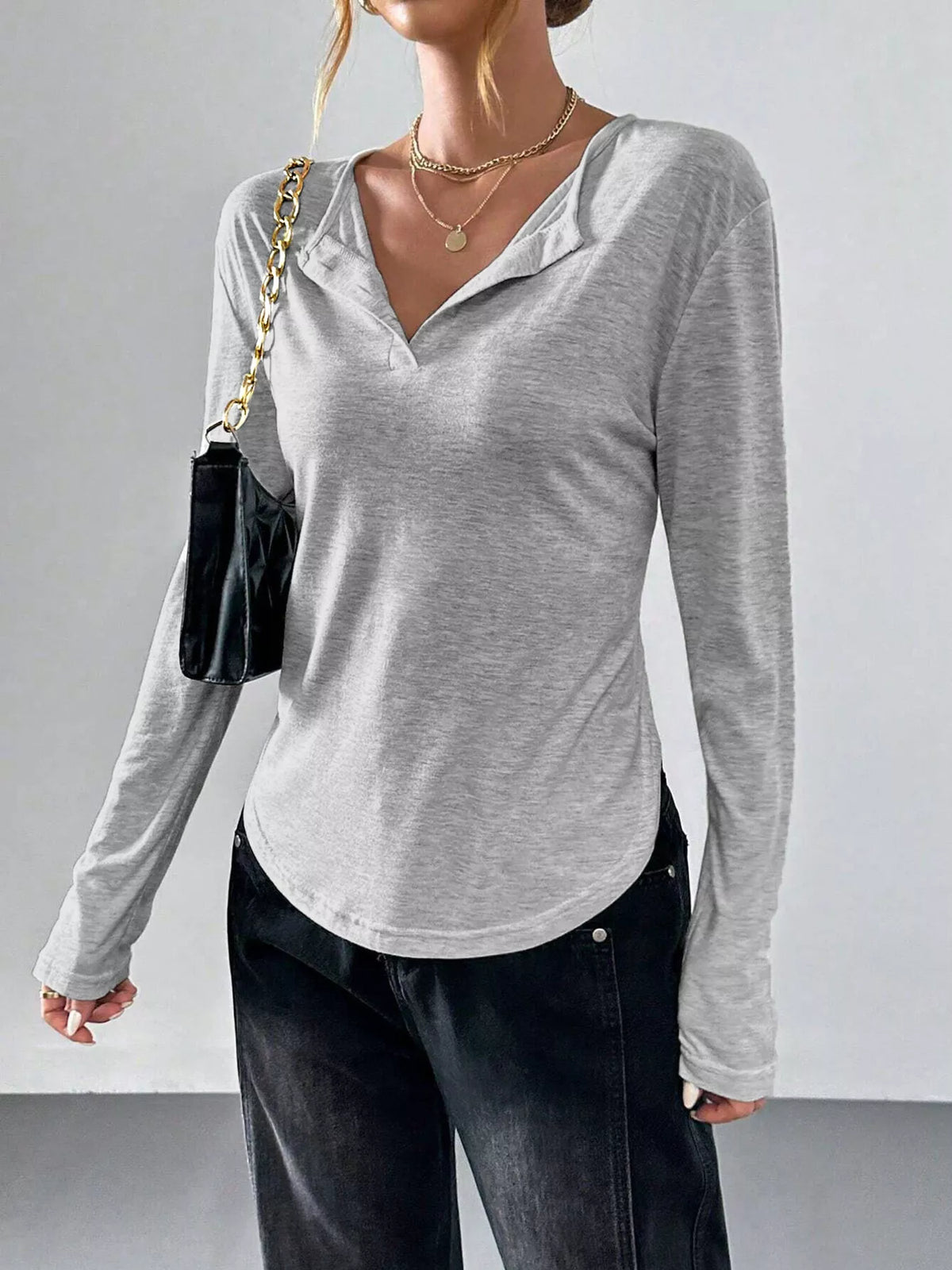 Women's Gray Casual Long Sleeve T-Shirt - Gray
