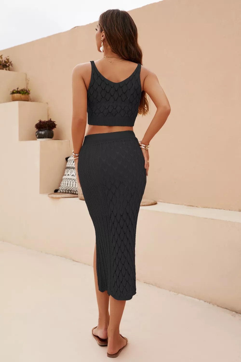 Women's Openwork Cropped Tank and Split Skirt Set
