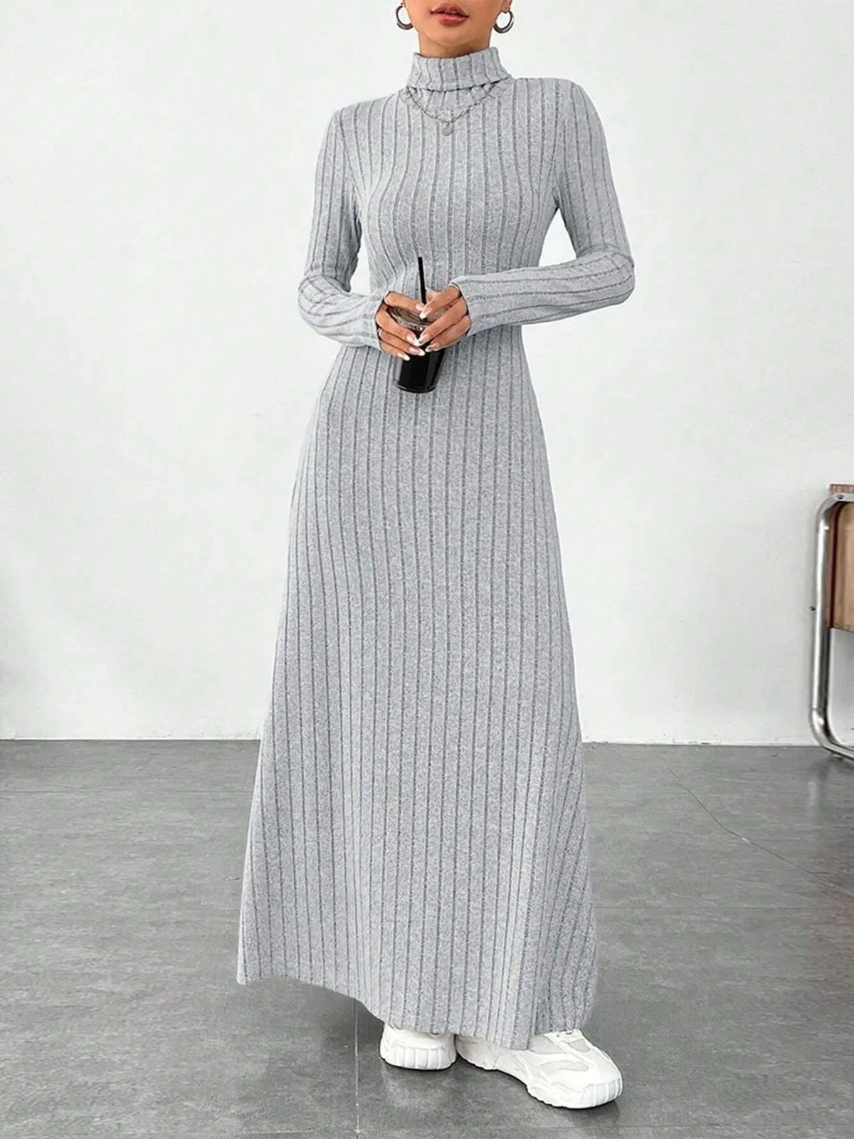 Ribbed Turtleneck Long Sleeve Maxi Knit Dress