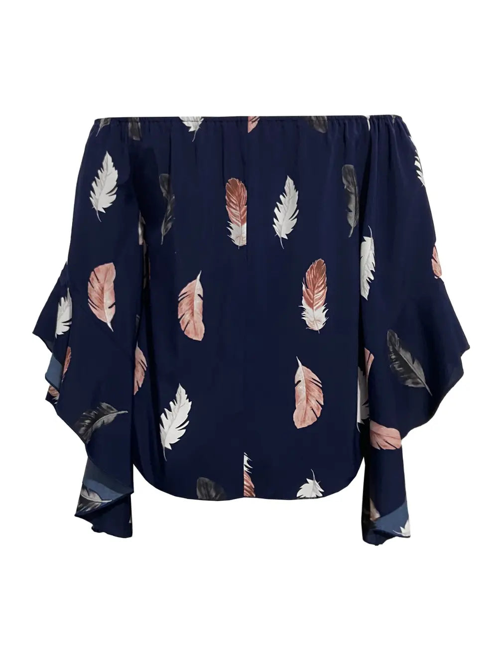 Women's Dark Blue Feather Print Smocked Off-Shoulder Blouse - Dark Blue