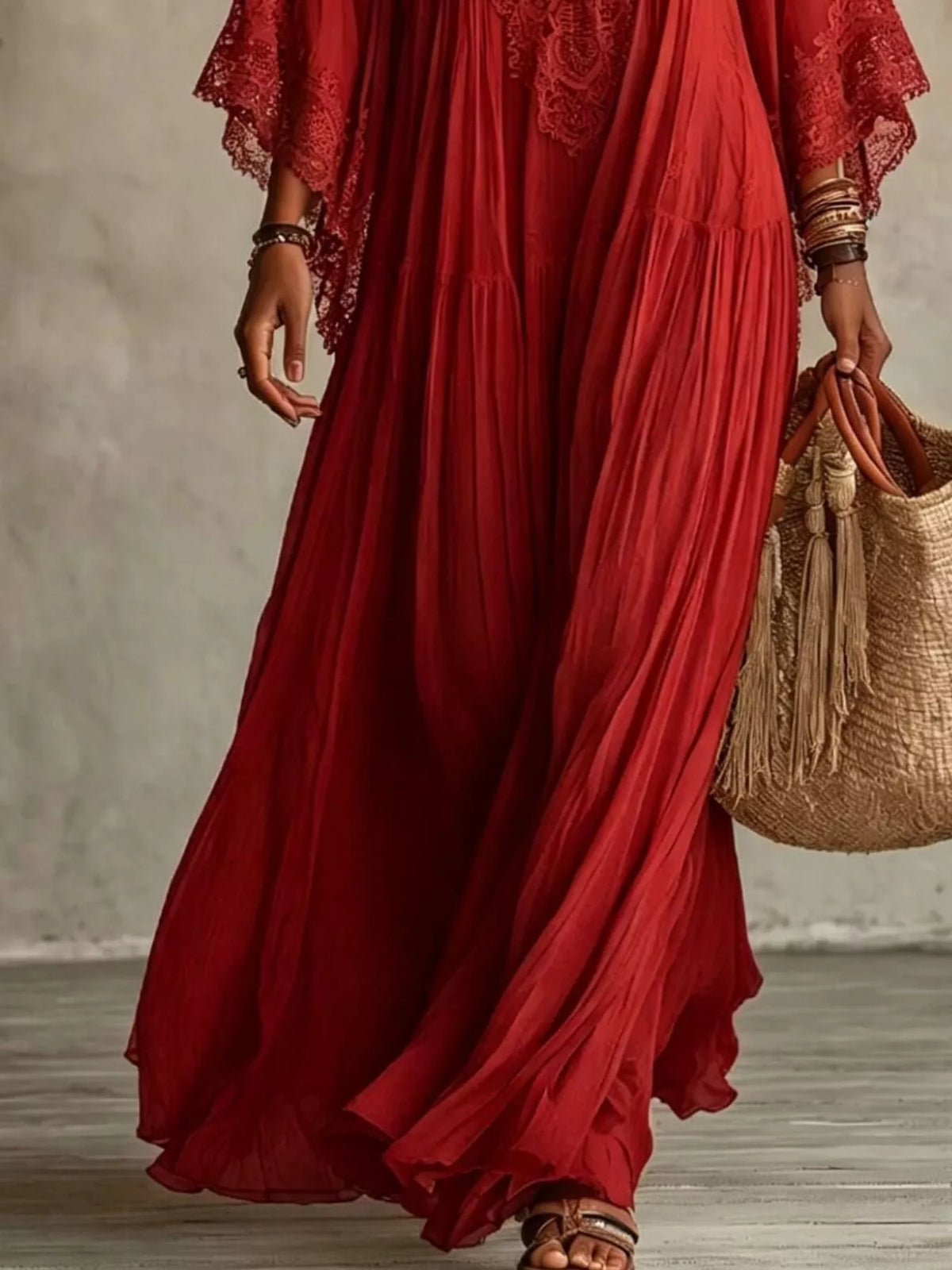Women's Lace Trim V-Neck Maxi Dress
