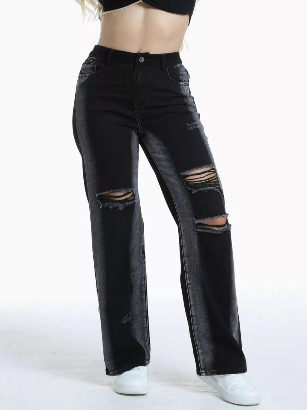 Women's Black Distressed Wide-Leg Jeans - Black
