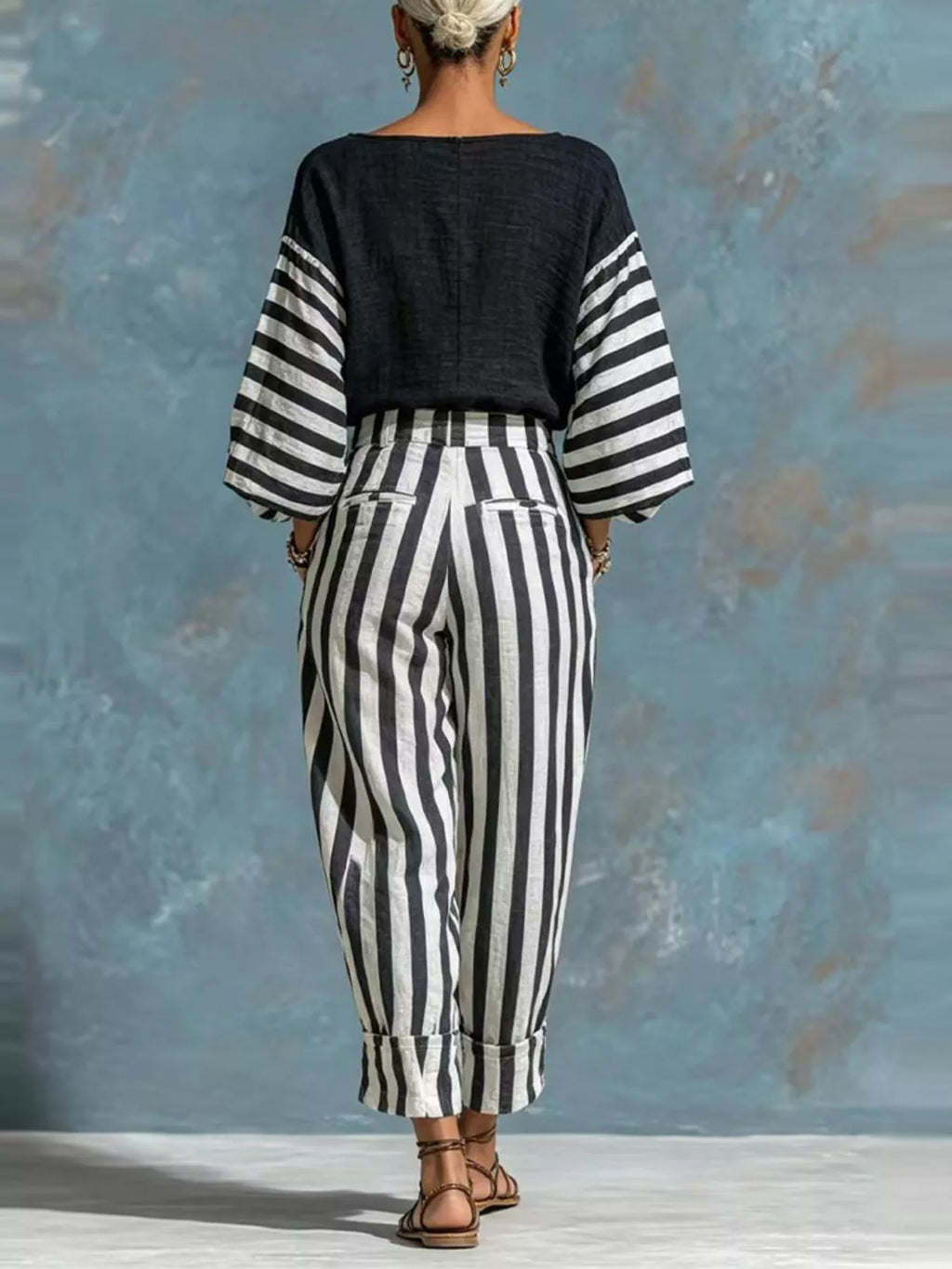 Women's Black Striped Long Sleeve Top and Pants Set - Black