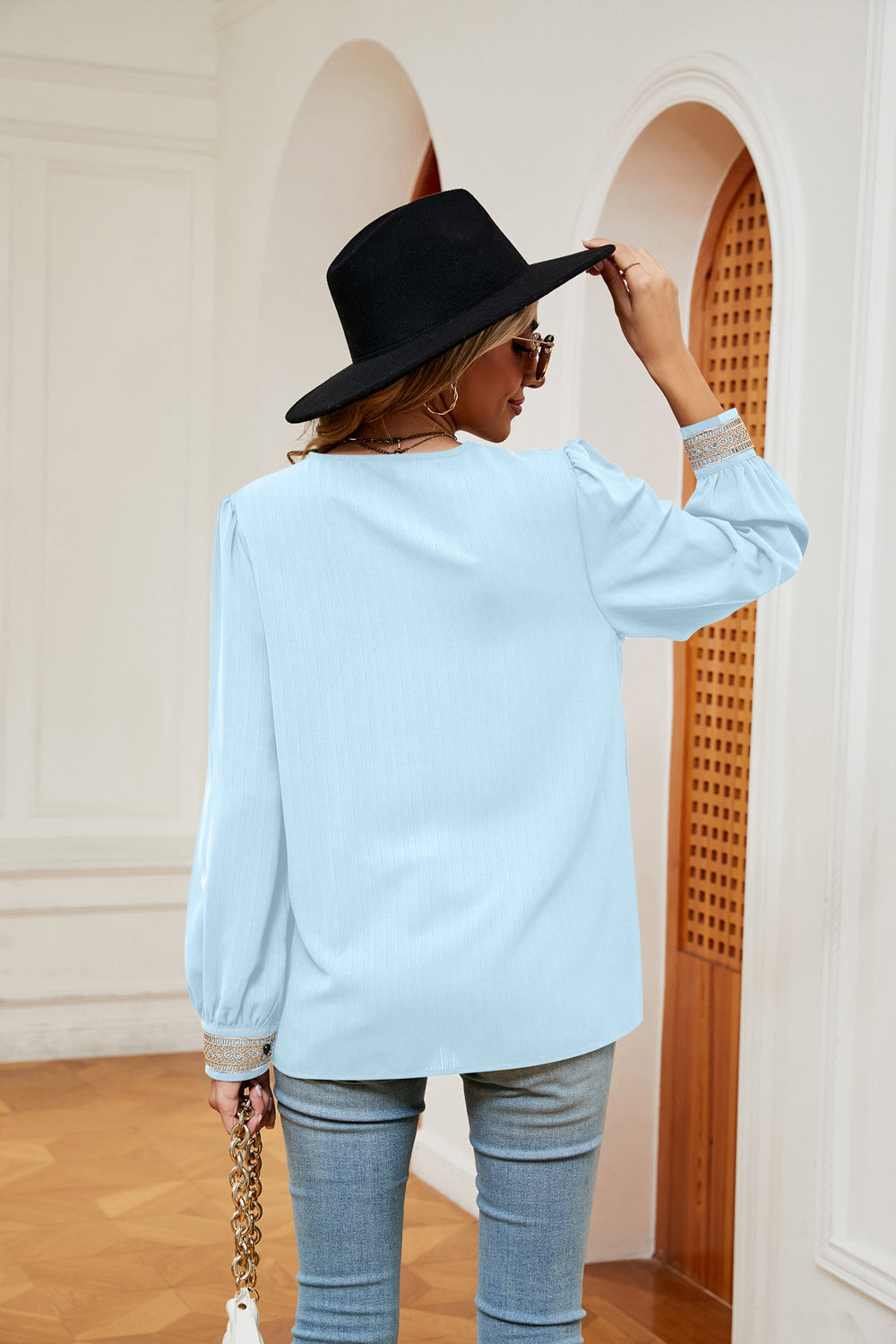 Women's Contrast Puff Sleeve Blouse